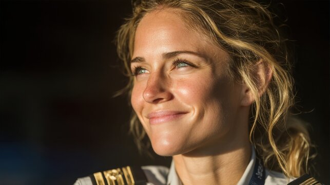 Smiling female pilot with uniform enjoying golden sunlight in a thoughtful moment