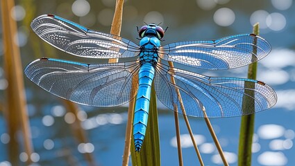 Dragonfly Wings Blue dragonfly perched on reed, transparent wing venation macro (10x), bokeh water background.