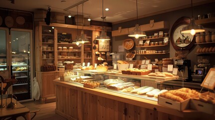 Interior view of a bakery shop with wooden shelves and display cases filled with baked goods