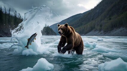 Dutch angle shot of a grizzly bear standing aggressively on its hind legs in a rushing, icy Alaskan river, salmon leaping, spray frozen in motion, overcast sky, raw power conveyed.