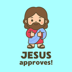 Cartoon Jesus with Double Thumbs Up and “Jesus Approves!” Text on Light Blue Background
