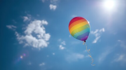 Obraz premium Rainbow balloon floating against a sunny sky with white clouds