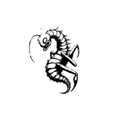Creepy crawly creature tattoo design with curved shape illustration in black and white style
