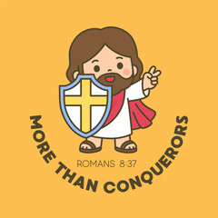 Jesus Holding Shield with More Than Conquerors and Romans 8:37 Verse on Yellow Background