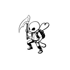 Cartoonish alien adventurer wielding a scythe ready for exploration and discovery in a minimalist style illustration