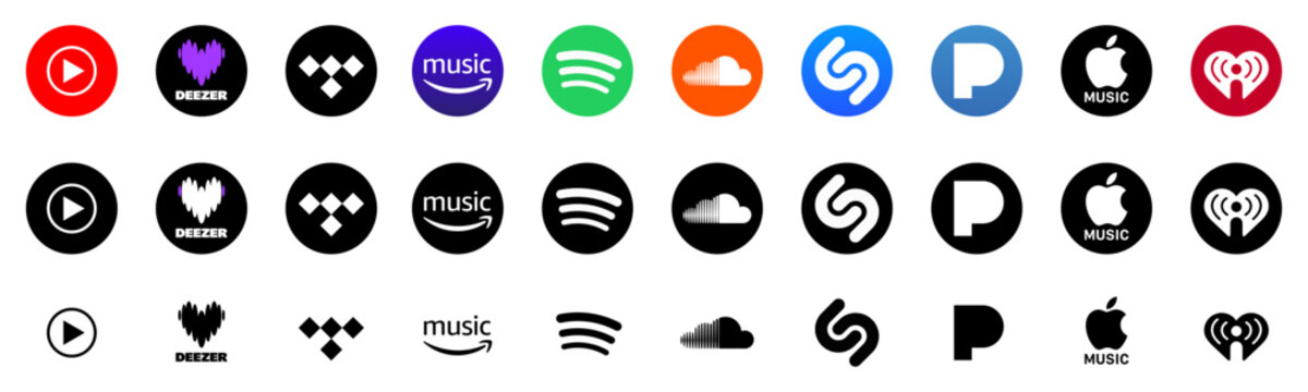 Collection of popular music streaming application logos in various styles, including youtube music, deezer, tidal, amazon music, spotify, soundcloud, shazam, pandora, and apple music.