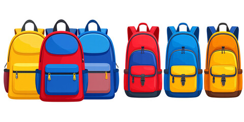  Flat Icon Set of Classic School Backpacks in Primary Colors, isolated on transparent background PNG