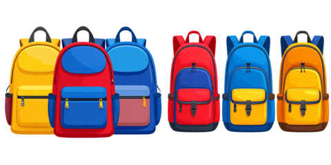  Flat Icon Set of Classic School Backpacks in Primary Colors, isolated on transparent background PNG