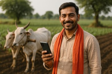 Fototapeta premium Rural farmer using smartphone technology.
