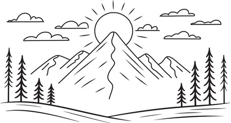 A mountain landscape with trees and clouds under the sun, landscape with mountains and house