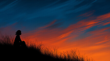 Woman Silhouette Sitting on Hill During Vivid Sunset