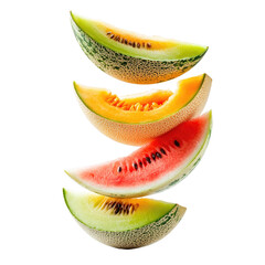 Stock photo of fresh melon slices cantaloupe watermelon honeydew isolated on black background