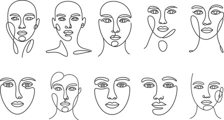 Collection of abstract faces in continuous line art style isolated on white background