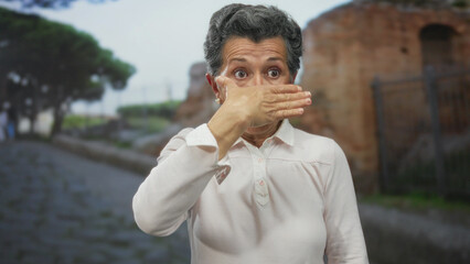 Senior woman with grey hair covers her face with hand on a cobblestone street in a historic old...