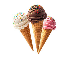  Vanilla, Chocolate,  Strawberry Ice Cream Cone With Sprinkles  Floating In The Air, Generative AI