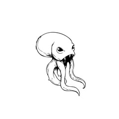 Creepy cartoon alien squid monster illustration with menacing expression and sharp teeth for horror themes