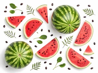 Fresh watermelon slices and whole fruits arranged with greenery isolated on white background