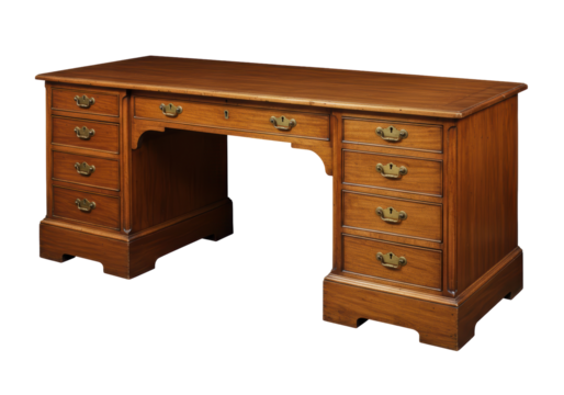 Isolated Antique Wooden Desk with Drawers and Brass Handles