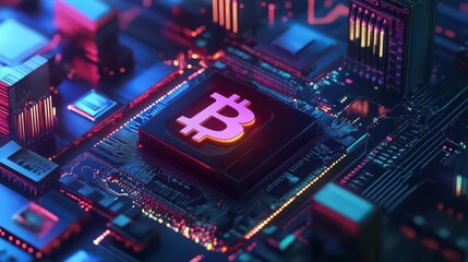 A close up of a circuit board with a bitcoin symbol in the center illuminated with pink and blue light