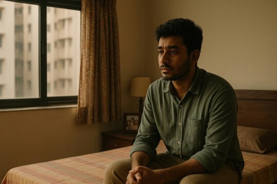 Contemplative man sitting indoors. - Powered by Adobe