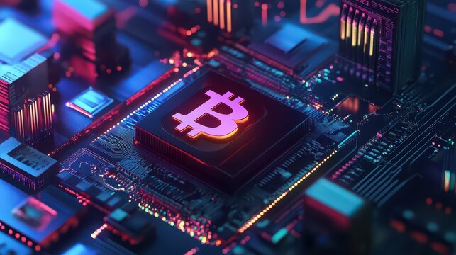 A close up of a circuit board with a bitcoin symbol in the center illuminated with pink and blue light - Powered by Adobe