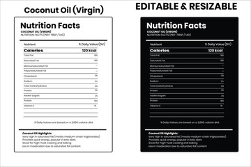 Coconut Oil (Virgin) nutrition facts, nutrition facts, food label, calorie chart, protein infographic, healthy eating, vitamin chart, editable template, diet plan, meal prep nutrition, food packaging 