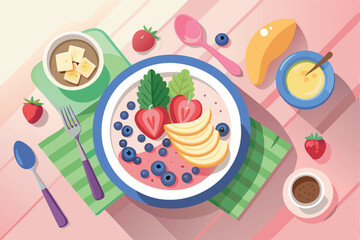 Healthy Vegetarian Breakfast with Porridge and Fruits