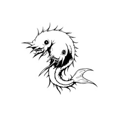 Monochromatic two headed sea monster illustration with sharp teeth and spines with whimsical touch