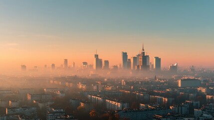 Morning cityscape with skyscrapers and sunlight filtering through urban smog