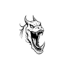 Mystical creature dragon head drawing with horns sharp teeth open mouth angry fierce illustration artwork