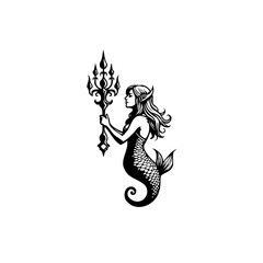 Enigmatic depiction of a mermaid wielding a trident in black and white creating a captivating artistic presentation