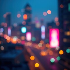 City in the evening, lights, bokeh. Blurred background. AI generative.