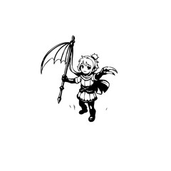A valiant young character stands proudly holding a unique flag or spear graphic illustration