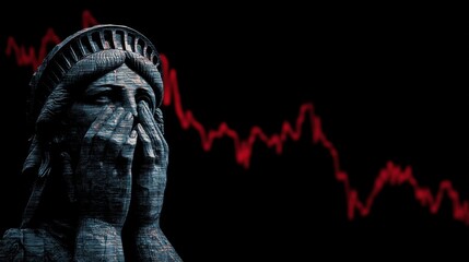 Statue of Liberty in distress against stock market crash showing red graph trends