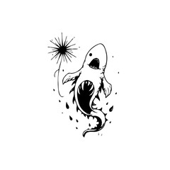 Whimsical ink drawing of a shark floating in the air holding a dandelion flower with simple style
