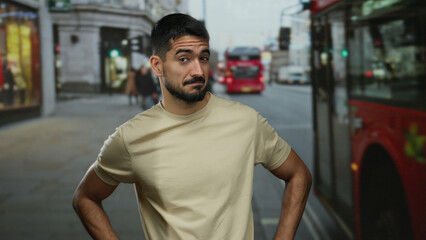 Fototapeta premium Young man standing confidently in an urban street with a background of iconic red buses, showcasing a charming smile and relaxed posture in a cosmopolitan city scene
