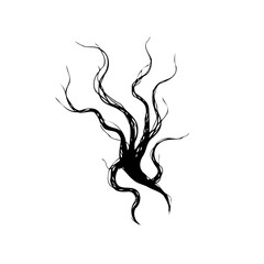 Eerie dark silhouette of spooky twisted tree branches against a stark white background creating haunting effect