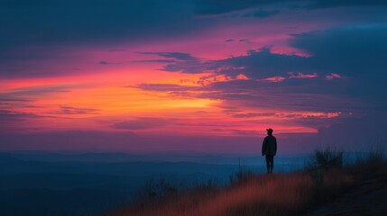Obraz premium Silhouette of a Lone Figure Looking at Sunset Over Scenic Horizon