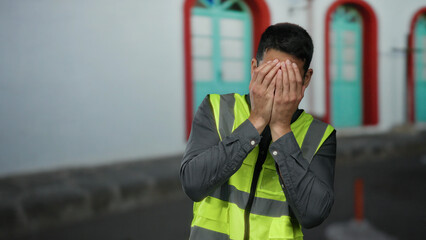 Young man wearing a reflective vest covers face with hands on a city street, evoking emotion and...
