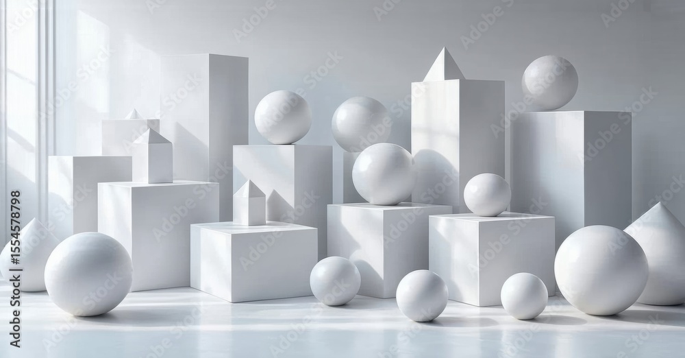 Poster minimalist composition. white geometric shapes populate bright space. cubes, spheres create abstract