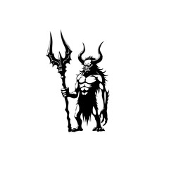 Demonic Warrior Illustration: Black and White Depiction of Mythical Creature Holding a Trident with Horns and Menacing Appearance