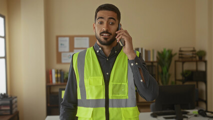 Young man wearing safety vest talks on phone in a modern office setting, highlighting workplace...
