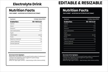 Electrolyte Drink nutrition facts, nutrition facts, food label, calorie chart, protein infographic, healthy eating, vitamin chart, editable template, diet plan, meal prep nutrition, food packaging lab