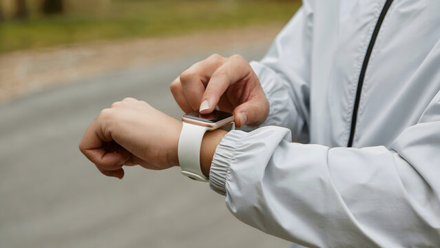 Person using a smartwatch outdoors displays a modern wearable technology for fitness tracking and mobile communication in a neutral setting demonstrating convenience. - Powered by Adobe