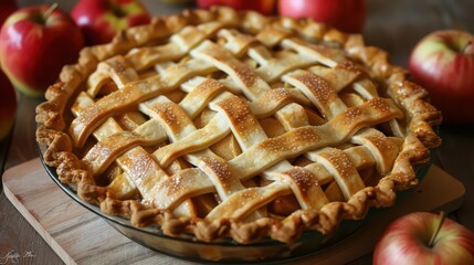 Decorative lattice crust on a homemade apple pie.