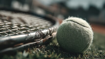 Close-up of a tennis racket and ball on a grassy field outdoors