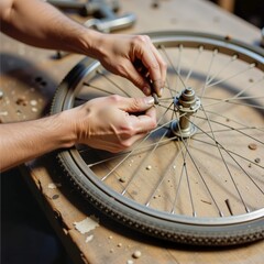 A Person Repairing a Bicycle Wheel Close up View of Hands Working on Spokes and Tire