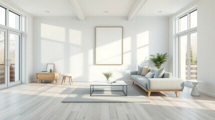 Fototapeta premium sofa, wooden frame, white walls, minimalist decor, modern interior design, natural lighting, empty frame, wooden floor, textured rug, neutral color palette, clean lines, simple elegance 