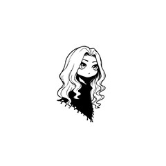 Chibi-style artwork of a woman with long wavy hair and a dark shawl: captivating monochrome design