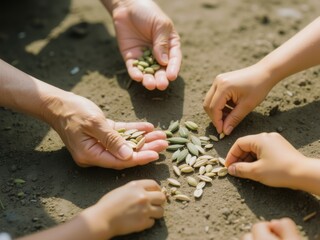 Family Planting Seeds Together Hands Carefully Sowing Seeds in Soil